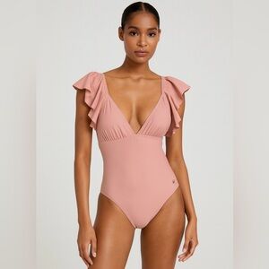 Joan Vass Ruffle One Piece Swimsuit Plunge Neckline‎ Rose Pink Size S